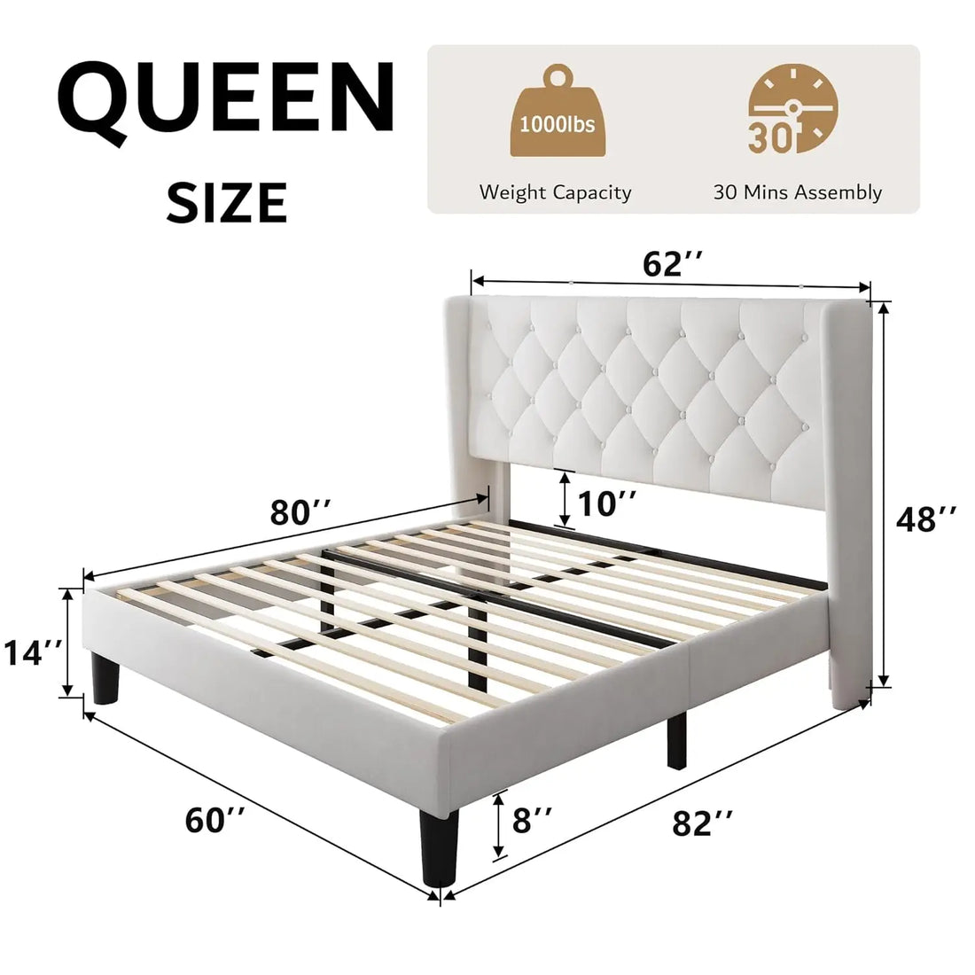 Cama Queen de plataforma de terciopelo, con botones, marco tapizado, listones de madera, 8" de espacio de almacenamiento debajo de la cama, sin necesidad de somier, sin ruido, fácil montaje