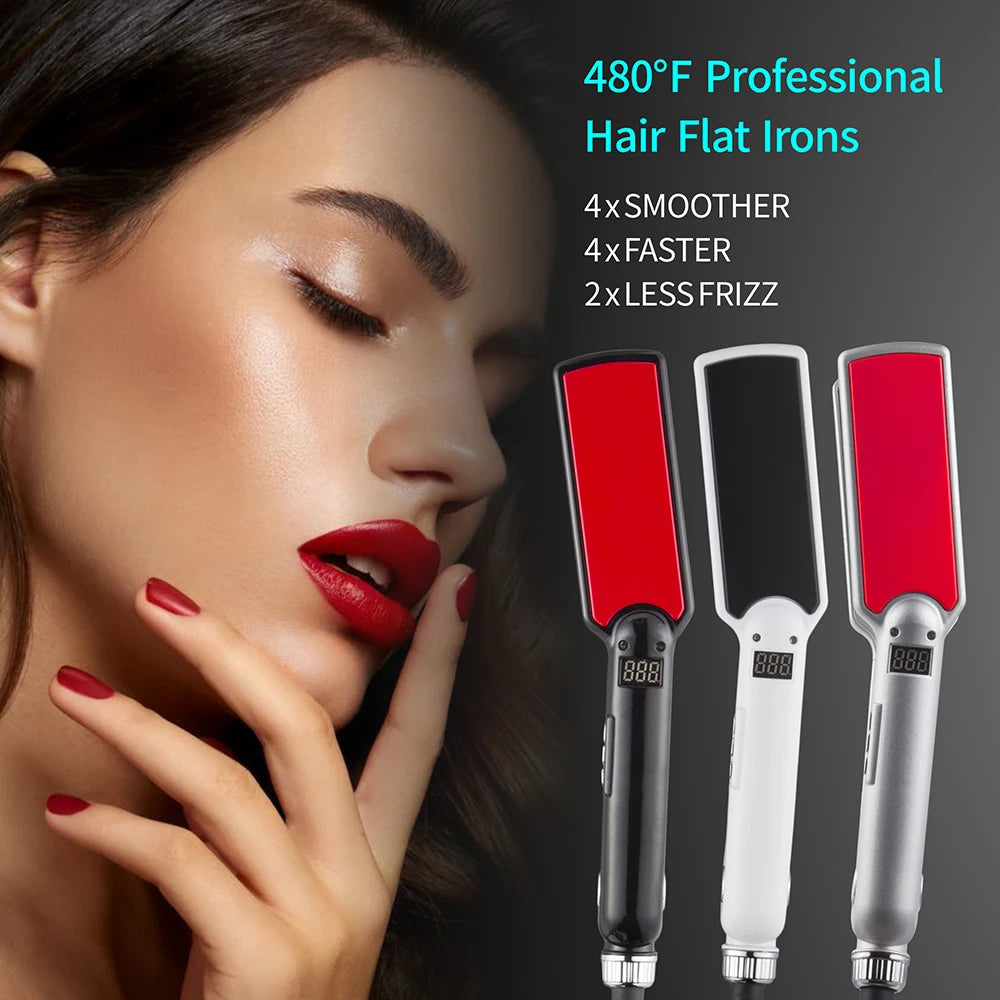 RUCHA Professional Hair Straightener Wide Plate Titanium Flat Iron Rapid Heating LCD Display PTC Treatment Hair Iron and Brush