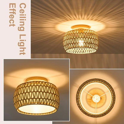 Vine embedded ceiling light, rural style wicker hand woven rope cage Used for dining room, kitchen, bedroom