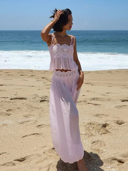 Sheer Layers Lace Stitching Solid Women&