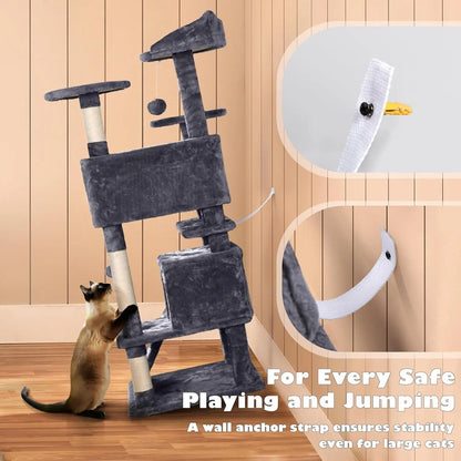 54in Multi-Level Cat Tree Kitten-ear Perch 2 Caves Scratch Posts Ladder 2 Balls Indoor Kittens Durable Pet Furniture , Custom