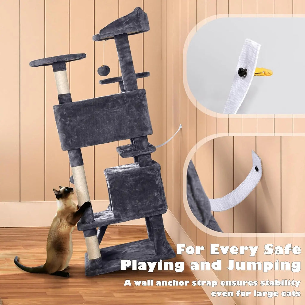 54in Multi-Level Cat Tree Kitten-ear Perch 2 Caves Scratch Posts Ladder 2 Balls Indoor Kittens Durable Pet Furniture , Custom