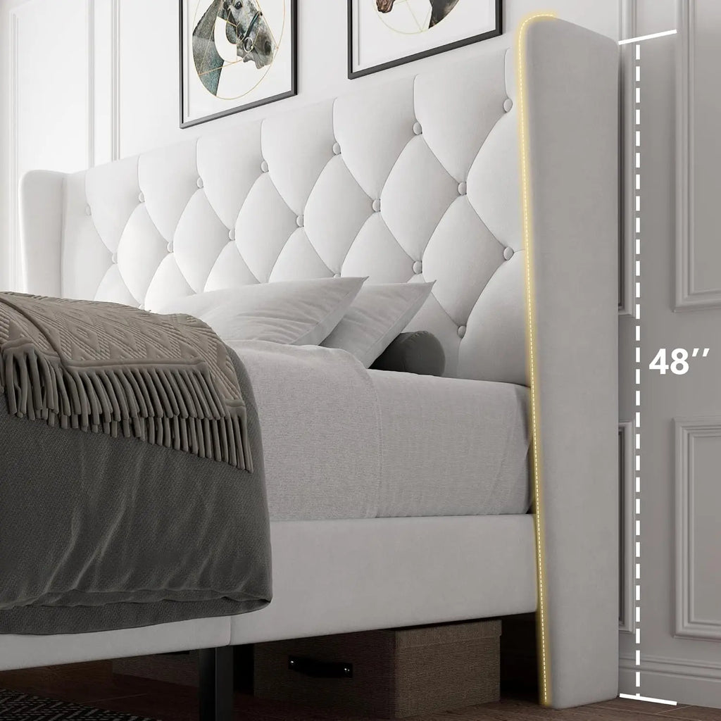 Queen Velvet Platform Bed Button Tufted Upholstered Frame Wooden Slats 8" Underbed Storage No Box Spring Noise Free Easy Assembl