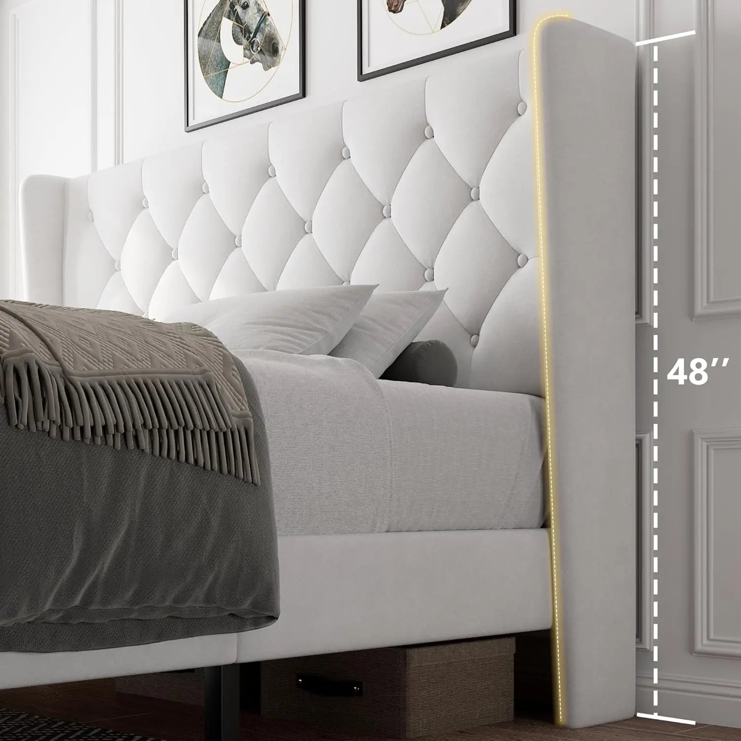 Queen Velvet Platform Bed Button Tufted Upholstered Frame Wooden Slats 8" Underbed Storage No Box Spring Noise Free Easy Assembl