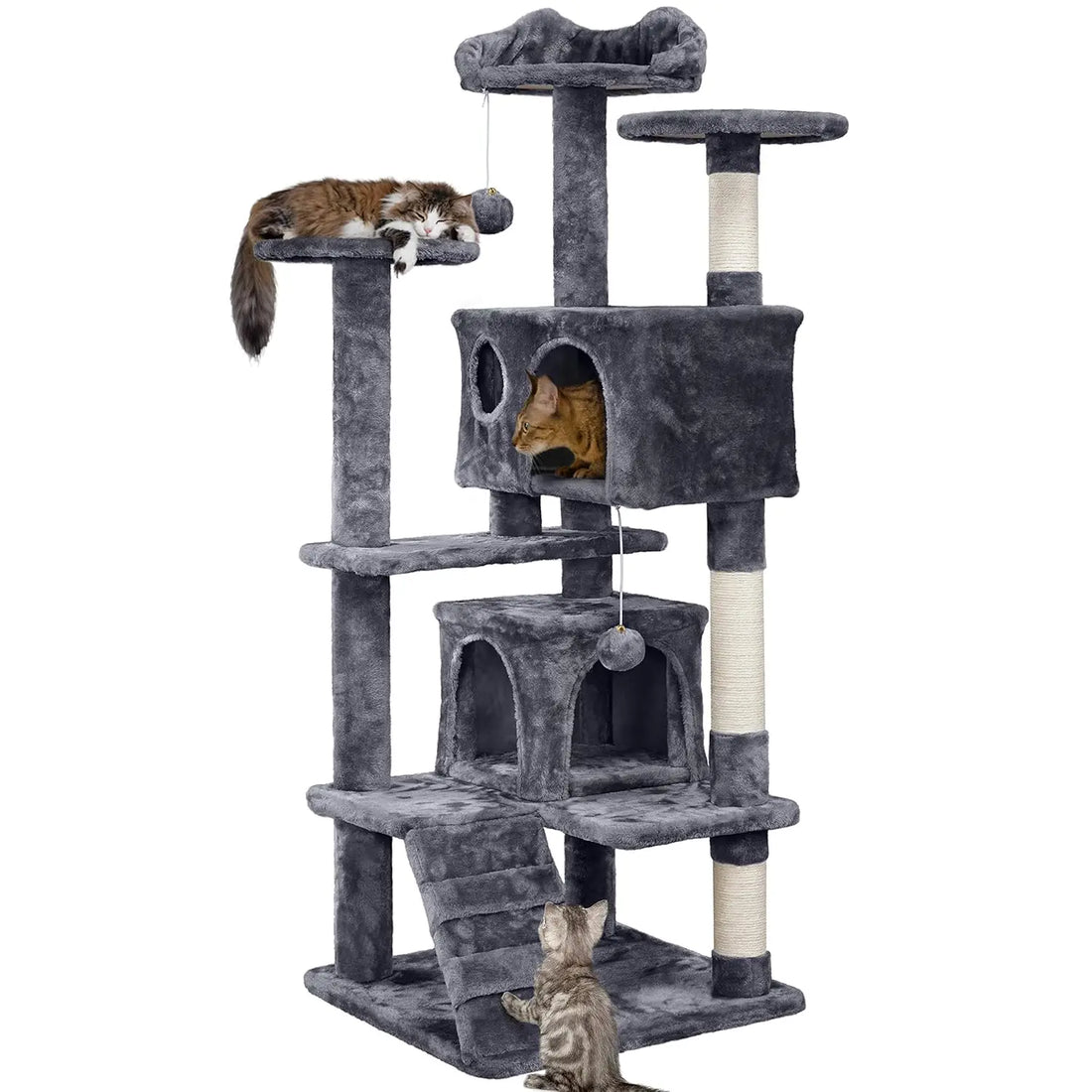 Rascador multinivel de 137 cm con percha en forma de oreja de gato, 2 cuevas, postes rascadores, escalera, 2 bolas, para gatitos de interior, muebles duraderos para mascotas, personalizado