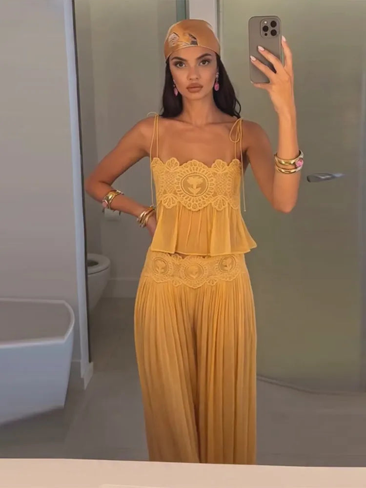 Sheer Layers Lace Stitching Solid Women's Suit Sling Mini Top High Waist Loose Long Skirt Fashion 2026 Summer New Beach Lady Set