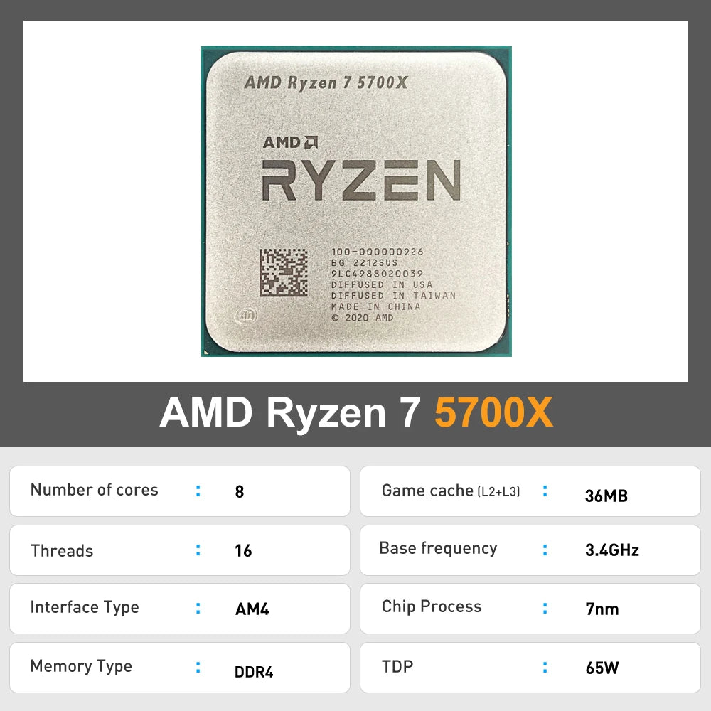 AMD Ryzen 7 5700x Nuevo procesador de 8 núcleos y 16 hilos a 4.6 GHz, 7NM L3=32M 100-000000926 R7 5700X Socket AM4 DDR4, pero sin ventilador