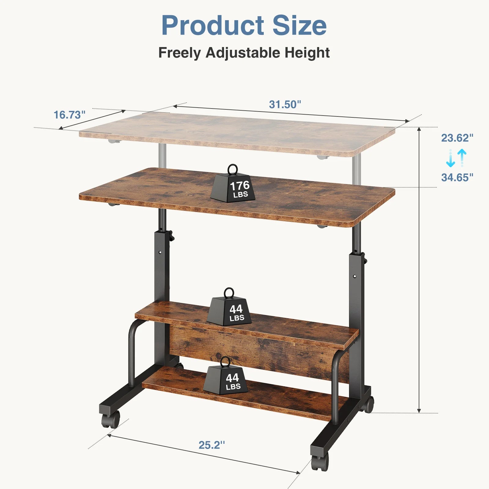 JHK 31.5IN Adjustable Height Mobile Standing Computer Desk with Locking Wheels Metal Frame Portable Workstation for Walking Pad