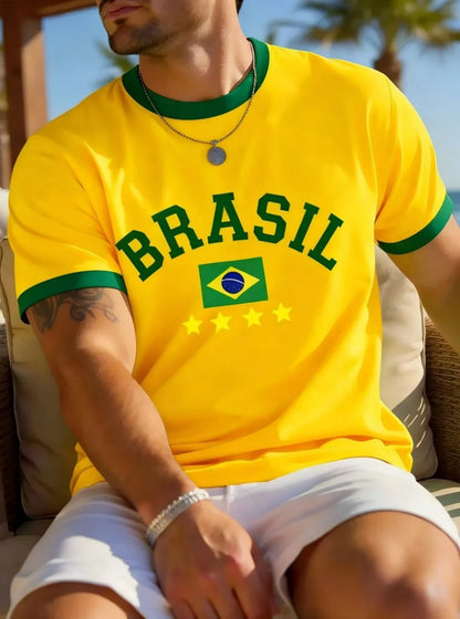 Summer T Shirt For Men 3D Brasil National Flag Printed Short Sleeve Top Casual Round Neck Fashion Men&