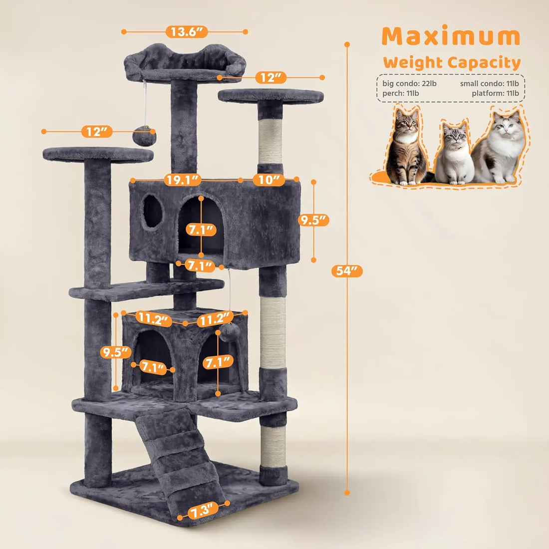 Árbol para gatos multinivel de 54 pulgadas, percha con orejas de gatito, 2 cuevas, postes rascadores, escalera, 2 pelotas, muebles duraderos para mascotas de interior, personalizado