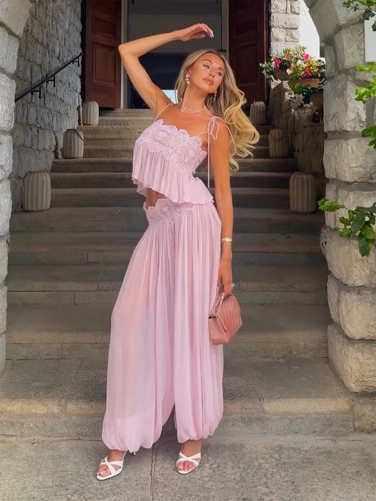 Sheer Layers Lace Stitching Solid Women's Suit Sling Mini Top High Waist Loose Long Skirt Fashion 2026 Summer New Beach Lady Set