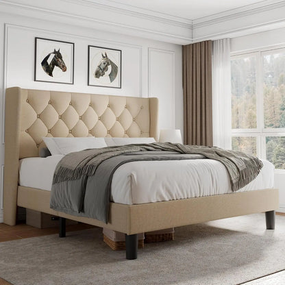 Queen Velvet Platform Bed Button Tufted Upholstered Frame Wooden Slats 8" Underbed Storage No Box Spring Noise Free Easy Assembl