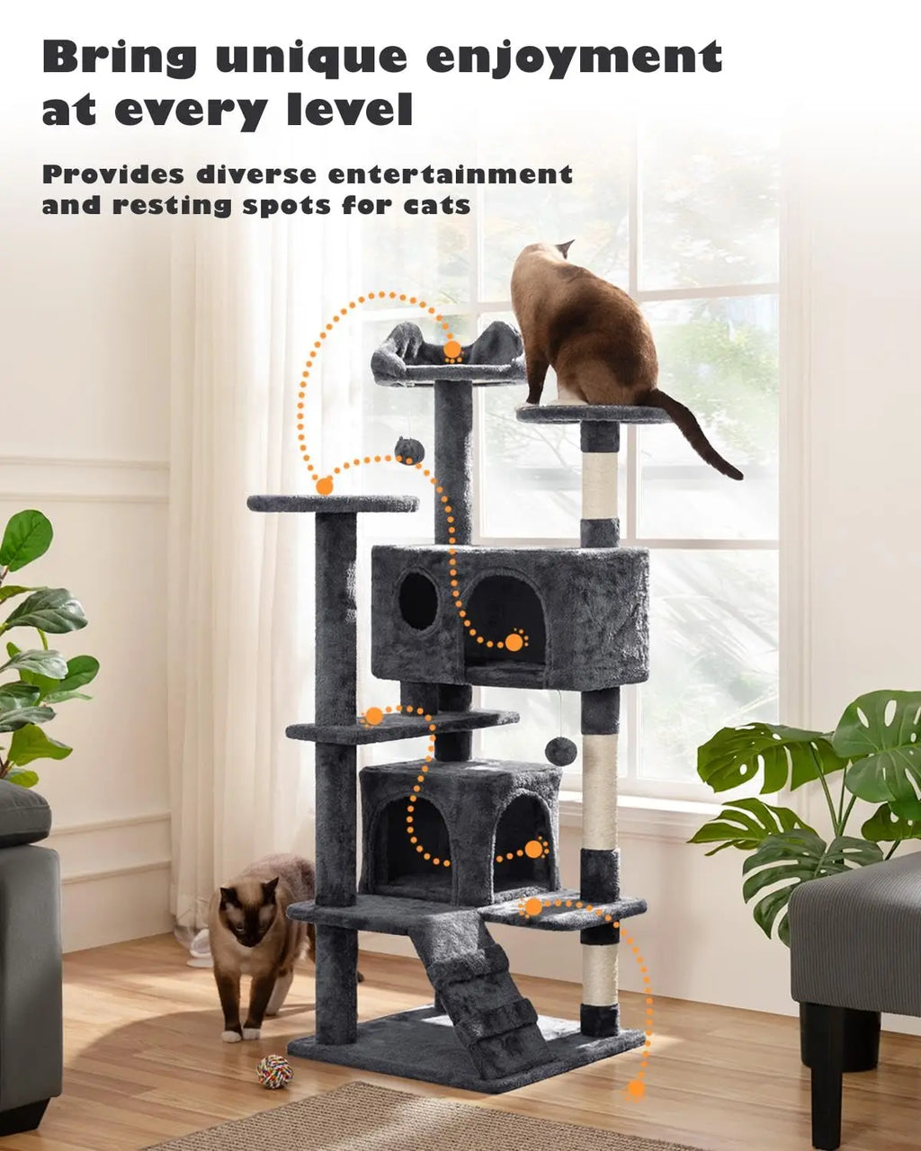 54in Multi-Level Cat Tree Kitten-ear Perch 2 Caves Scratch Posts Ladder 2 Balls Indoor Kittens Durable Pet Furniture , Custom