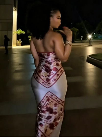Chic Elegant Satin Dress Floral Print Slim Bodycon Women Dresses Evening Party Wedding Guest Summer Streetwear