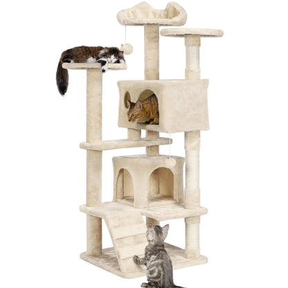 54in Multi-Level Cat Tree Kitten-ear Perch 2 Caves Scratch Posts Ladder 2 Balls Indoor Kittens Durable Pet Furniture , Custom