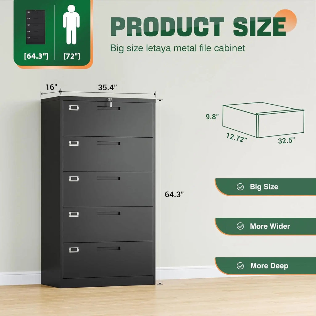 5 Drawer File Cabinet With Lock,Metal Lateral Filing Cabinets For Home Office Hanging Files Letter/Legal/F4/A4, Customize