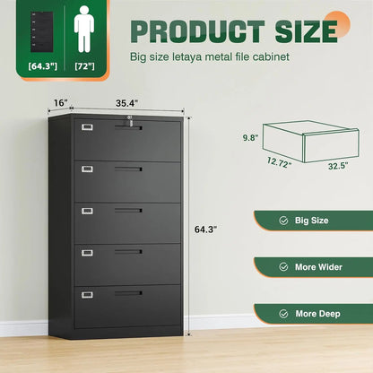 5 Drawer File Cabinet With Lock,Metal Lateral Filing Cabinets For Home Office Hanging Files Letter/Legal/F4/A4, Customize
