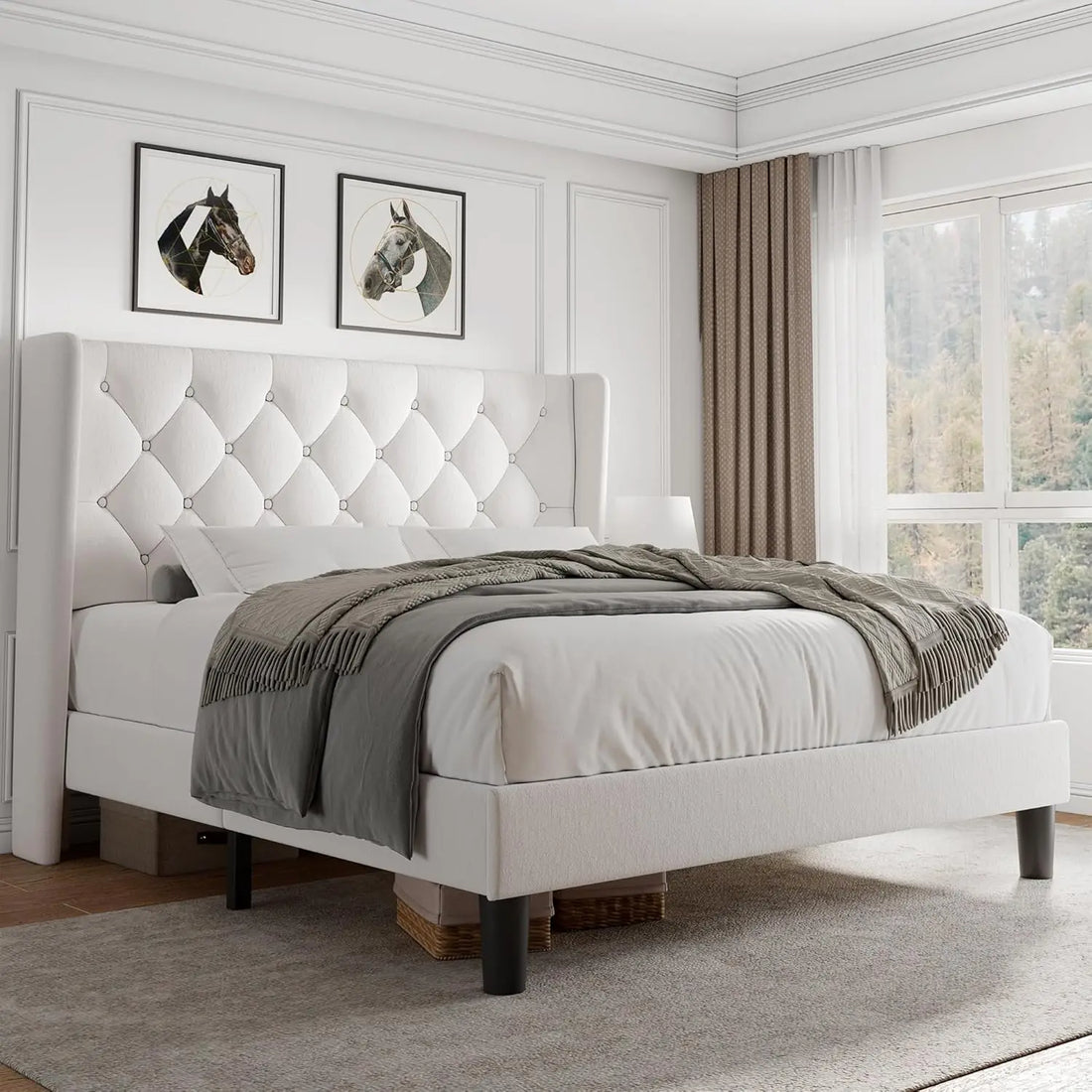 Cama Queen de plataforma de terciopelo, con botones, marco tapizado, listones de madera, 8" de espacio de almacenamiento debajo de la cama, sin necesidad de somier, sin ruido, fácil montaje