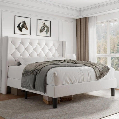 Queen Velvet Platform Bed Button Tufted Upholstered Frame Wooden Slats 8" Underbed Storage No Box Spring Noise Free Easy Assembl