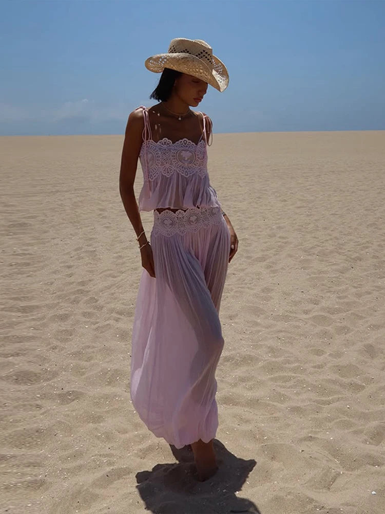 Sheer Layers Lace Stitching Solid Women&