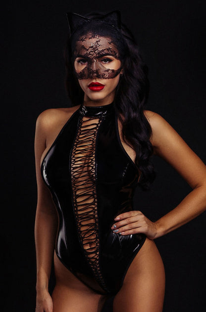 Body de látex negro Body de PVC ajustado Body de látex estilo felino sexy