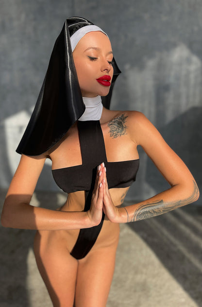 Body de lencería cruzada de monja para cosplay