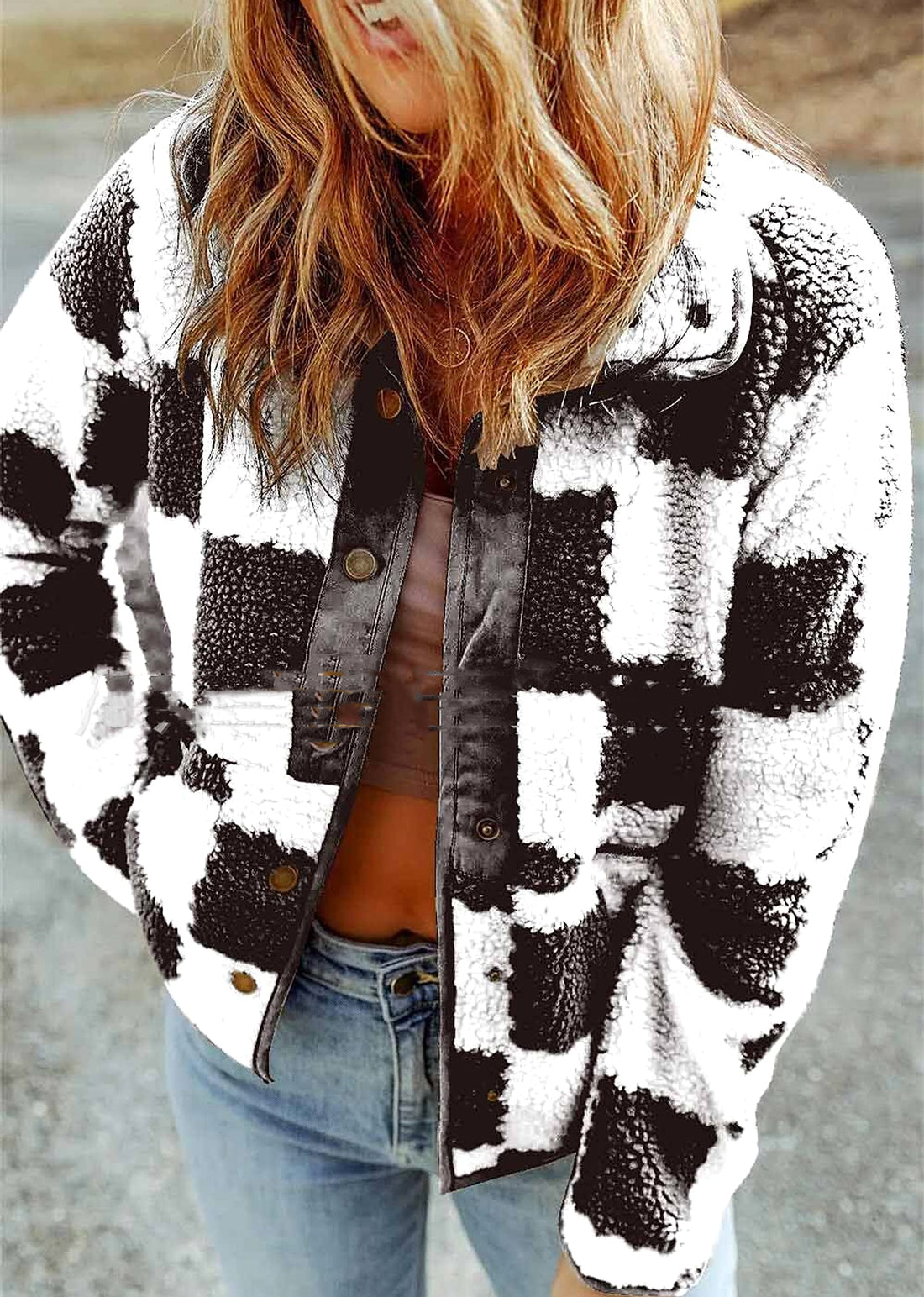 Chaqueta Sherpa con Cuadros Marrones y Botones a Presión