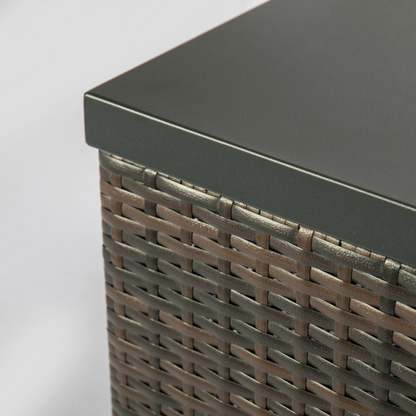 Mesa de fogata de gas cuadrada de mimbre marrón oscuro para exteriores
