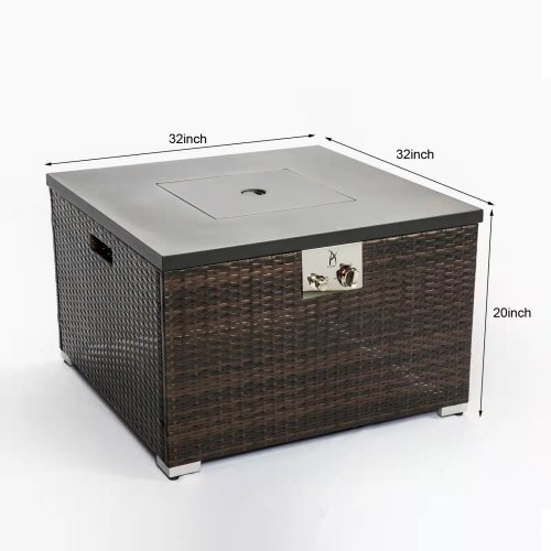 Mesa de fogata de gas cuadrada de mimbre marrón oscuro para exteriores