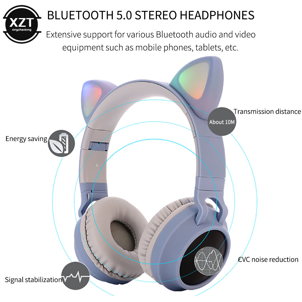 Auriculares inalámbricos plegables Bluetooth con orejas de gato y supergraves