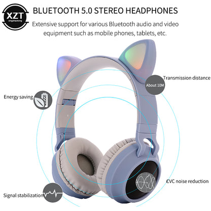 Auriculares inalámbricos plegables Bluetooth con orejas de gato y supergraves