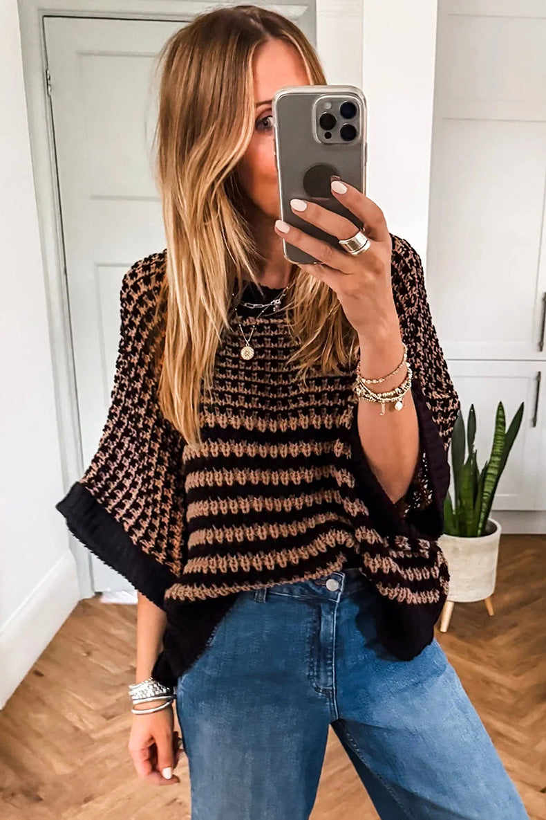 Bright Green Striped Round Neck Casual Sweater