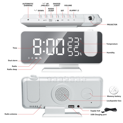 Proyector LED de reloj despertador inteligente digital con radio FM