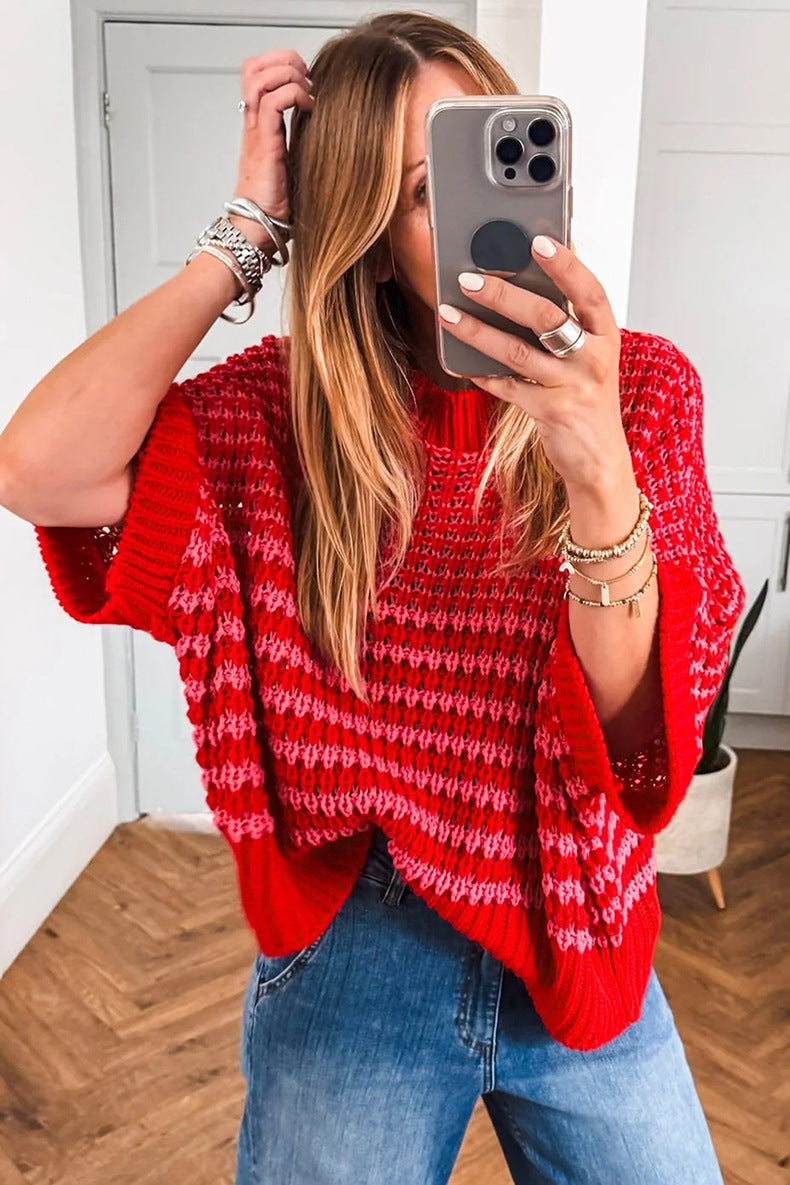 Bright Green Striped Round Neck Casual Sweater