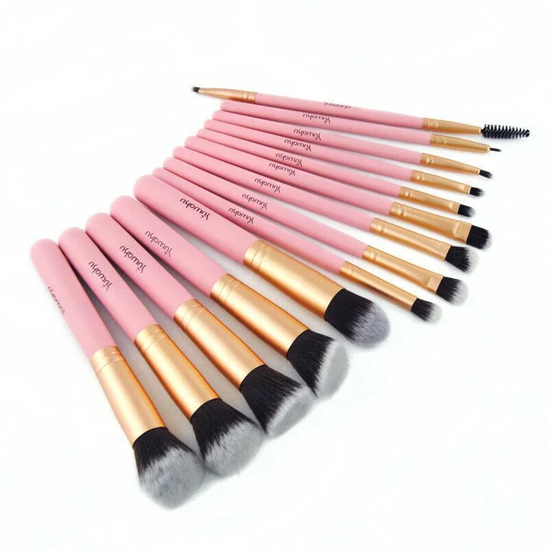 Juego de 14 brochas de maquillaje rosas
