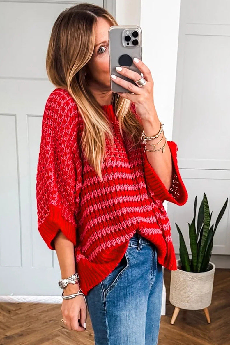 Bright Green Striped Round Neck Casual Sweater