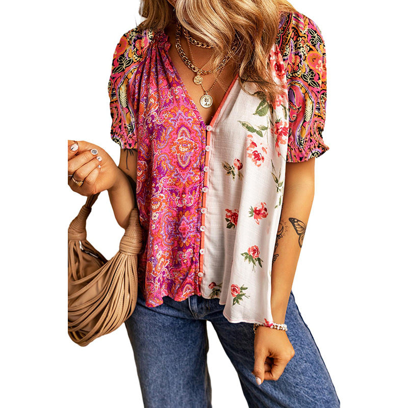 Blusa con cuello en V abotonada, fruncido en los puños, estampado floral multicolor patchwork