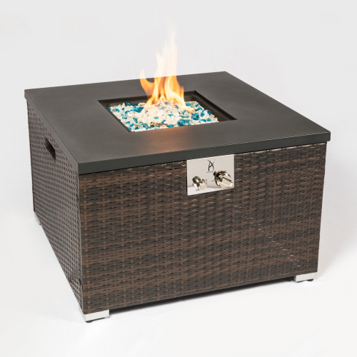 Mesa de fogata de gas cuadrada de mimbre marrón oscuro para exteriores