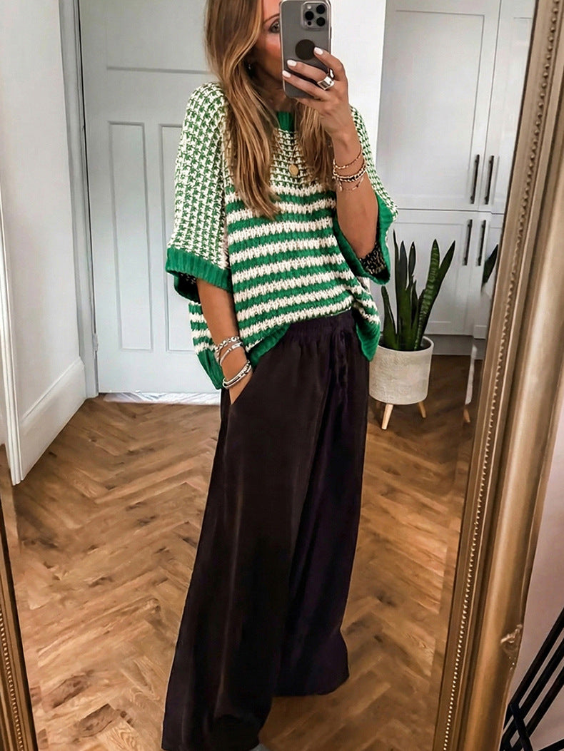 Jersey casual a rayas verde brillante con cuello redondo