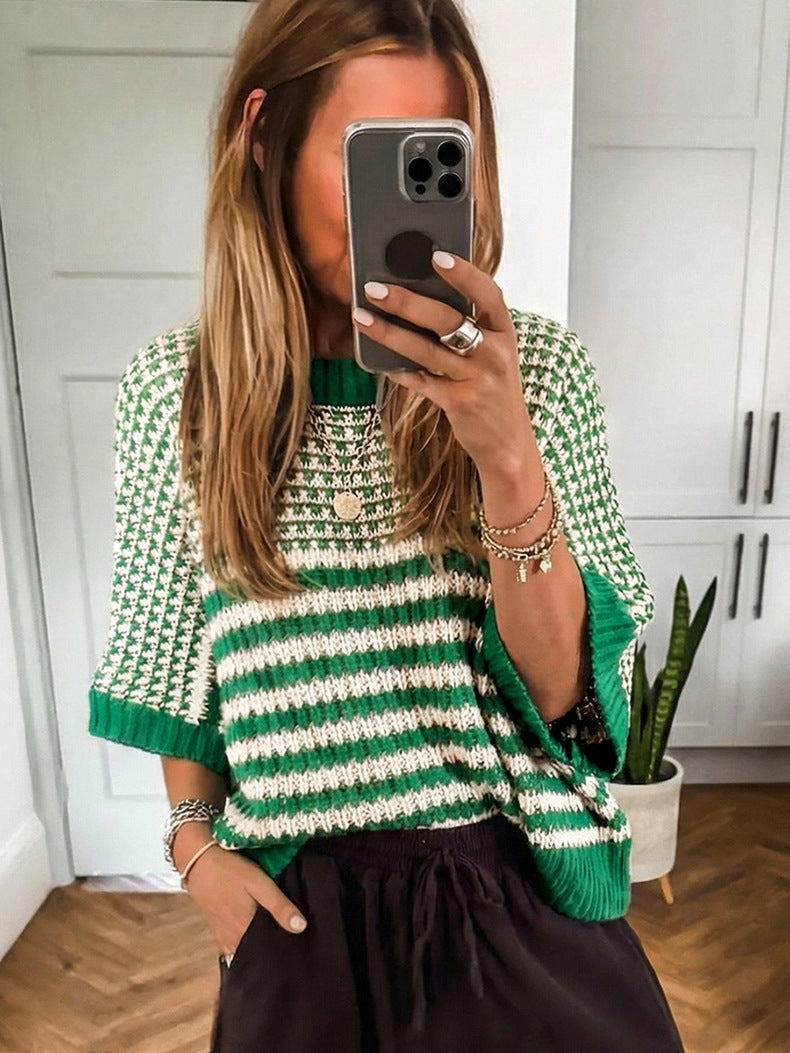 Jersey casual a rayas verde brillante con cuello redondo