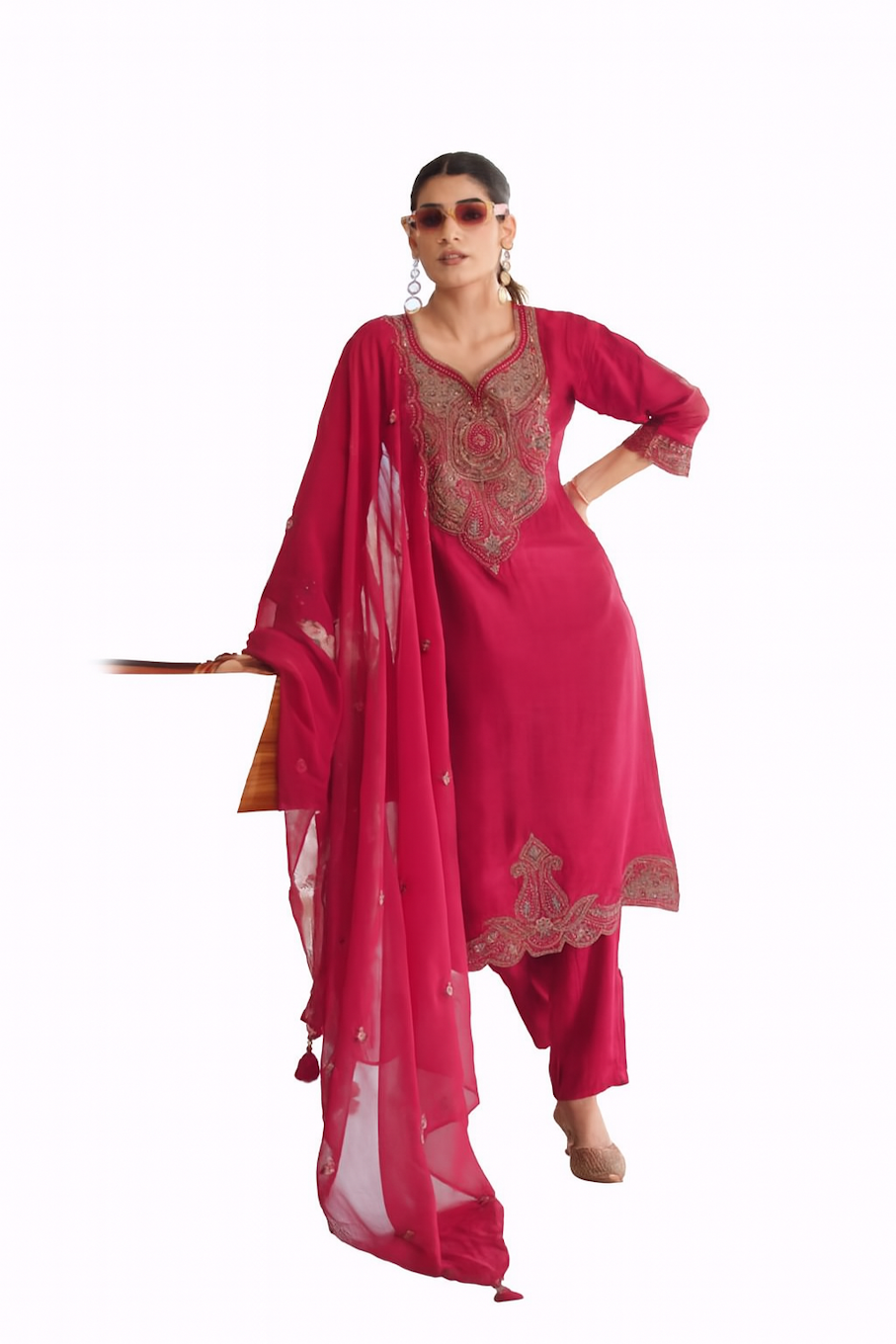 Conjunto Kurta bordado para mujer - Rosa Rani (Talla-4XL) | D38