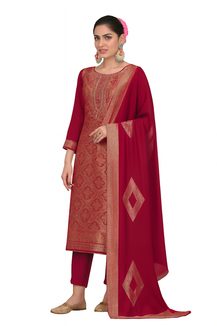 Conjunto Kurta bordado para mujer - Rosa Rani (Talla-4XL) | D298