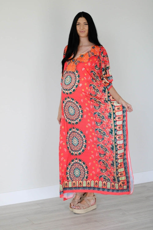 Vestido kaftán mexicano, kaftán de verano para mujer, vestido maxi suelto, seda