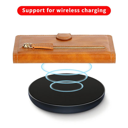 Estuche tipo cartera con cremallera y soporte de carga inalámbrica para iPhone