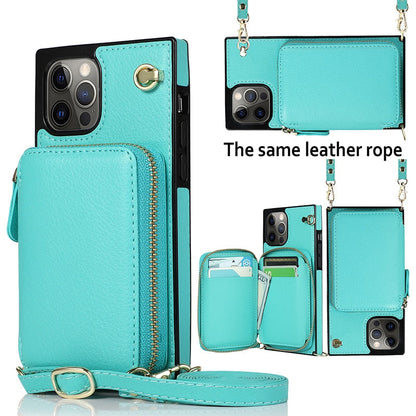 Funda tipo cartera con cremallera y correa cruzada ajustable para iPhone
