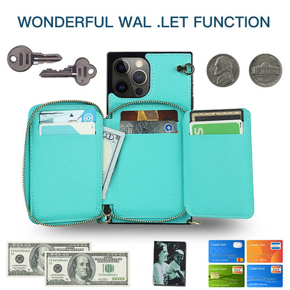 Funda tipo cartera con cremallera y correa cruzada ajustable para iPhone