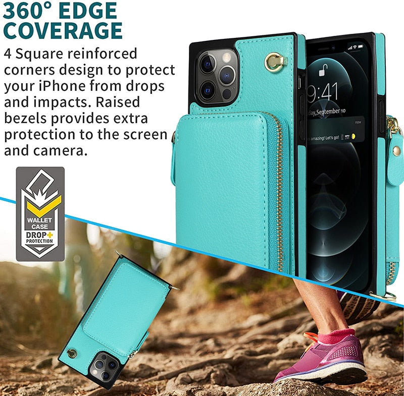 Funda tipo cartera con cremallera y correa cruzada ajustable para iPhone