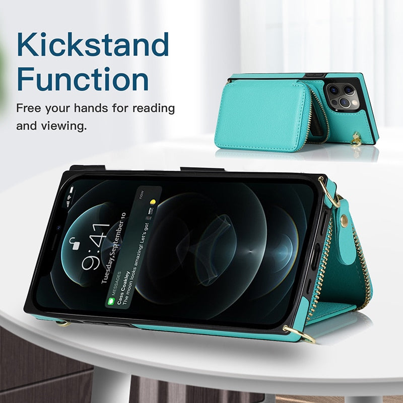Funda tipo cartera con cremallera y correa cruzada ajustable para iPhone