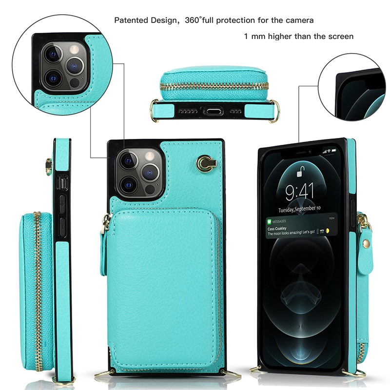 Funda tipo cartera con cremallera y correa cruzada ajustable para iPhone