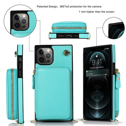Funda tipo cartera con cremallera y correa cruzada ajustable para iPhone